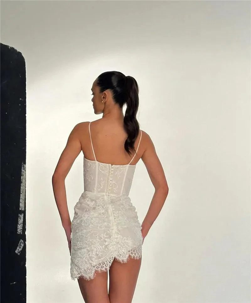 Sexy Full Lace Short Wedding Dresses With Jacket Long Sleeves Boning Mini Bridal Gowns Robe de mariage Party Dress