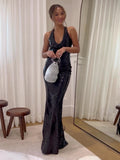 Summer Women'S Dress Black Sequins Tight Sexy V-Neck Sleeveless Backless Catwalk Party Long Gowns With 3D Flower
