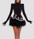 Chic And Elegant Dress Women Party Wear Long Sleeve With Gloves Luxury Crystal Design Velvet Mini Feather Dress
