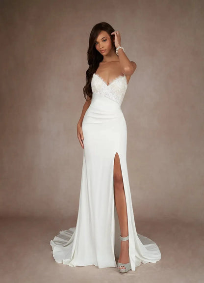 Sexy Spaghetti Straps v-neck Lace Mermaid Wedding Dresses Side Slit Short Train Custom Made Vestido De Noival