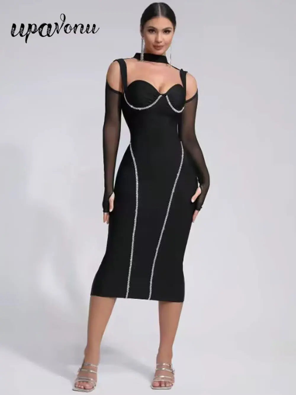 Sexy Women's Light Luxury Nail Diamond Bandage Dress O-neck Long Sleeve Hollow Design Bodycon Midi Dress Party Vestidos