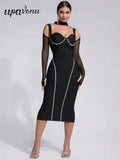 Sexy Women's Light Luxury Nail Diamond Bandage Dress O-neck Long Sleeve Hollow Design Bodycon Midi Dress Party Vestidos