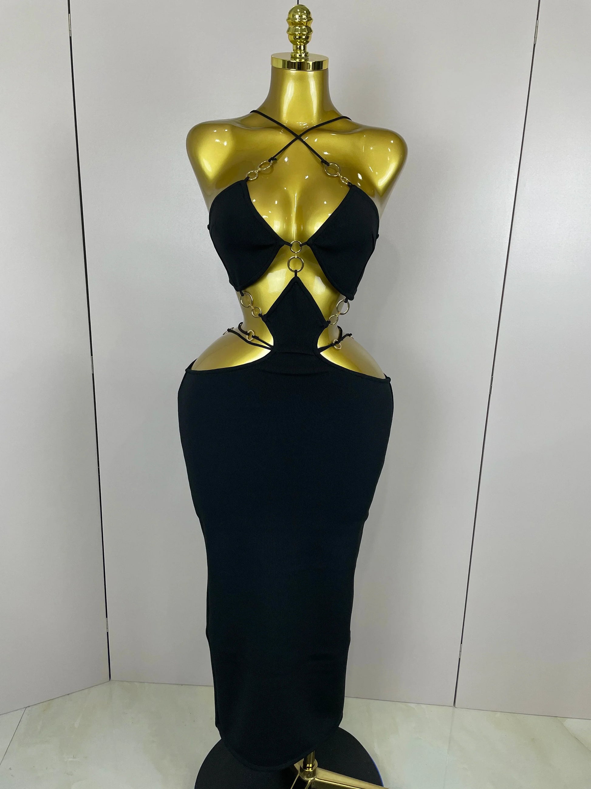 Sexy Halter Hollow Out Sleeveless Black Red Bodycon Long Bandage Dress Women Celebate Elegant Luxury Birthday Club Dress black