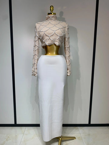 Women Long Sleeve Sexy Beading Tops Two Pieces Set Bodycon Long Bandage Dress Luxury Birthday Evening Party Wedding Guest Gowns Beige