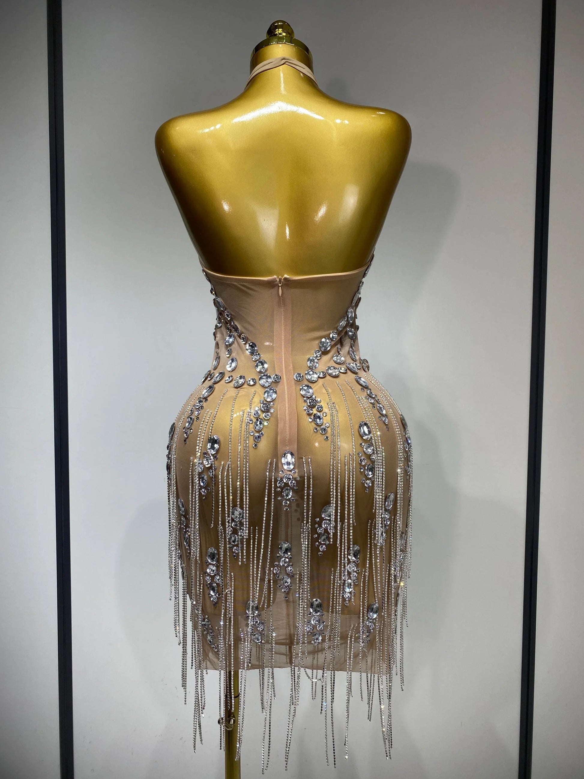 Luxury Rhinestone Evening Party Dress Women Sexy Halter See Through Mesh Luxury Birthday Gowns Nightclub Singer Stage Outfit