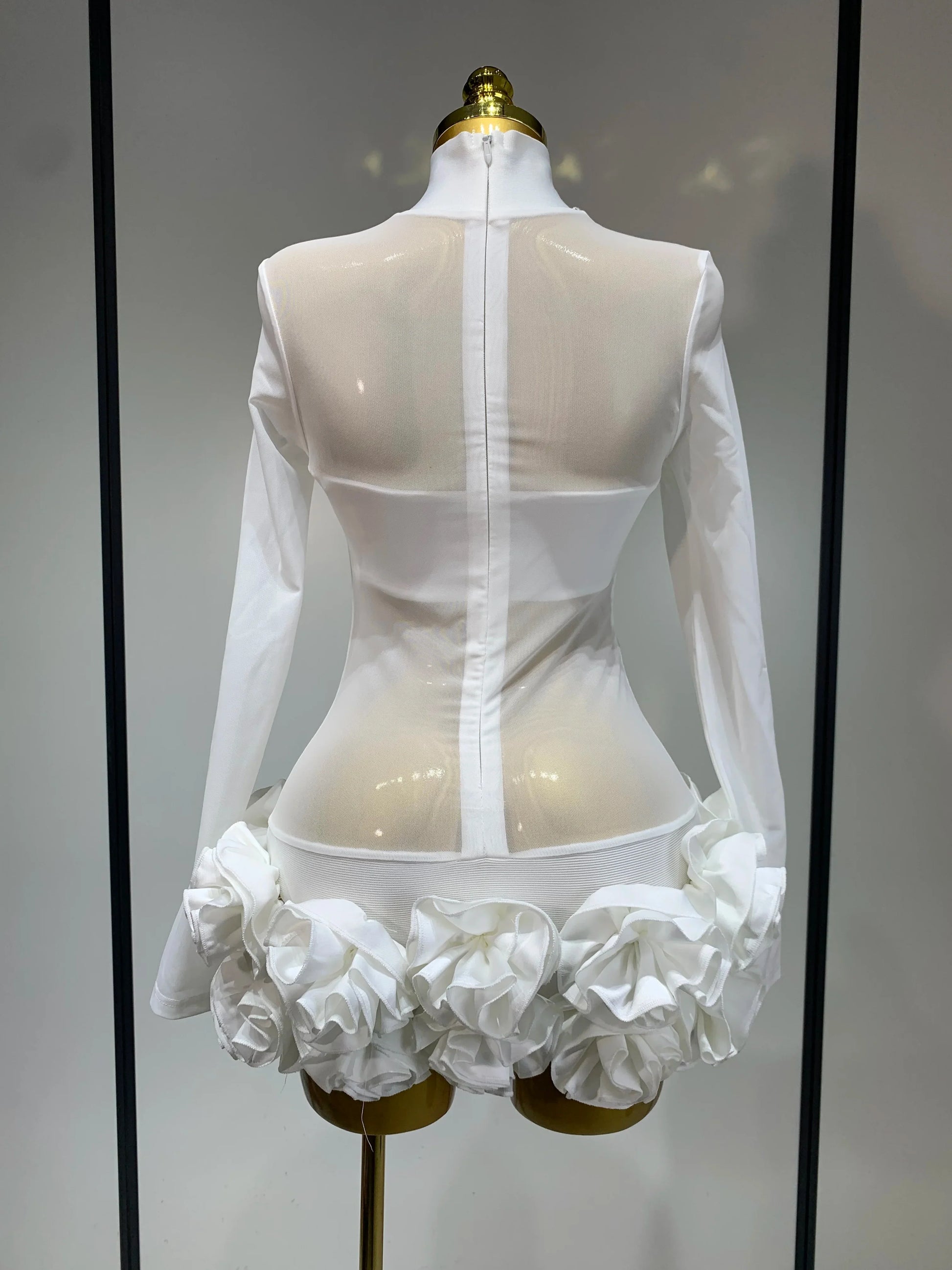 Women Sexy Mesh See through Stereoscopic Flowers White Red Mini Bandage Dress Birthday Evening Party Club Singer Perform Costume