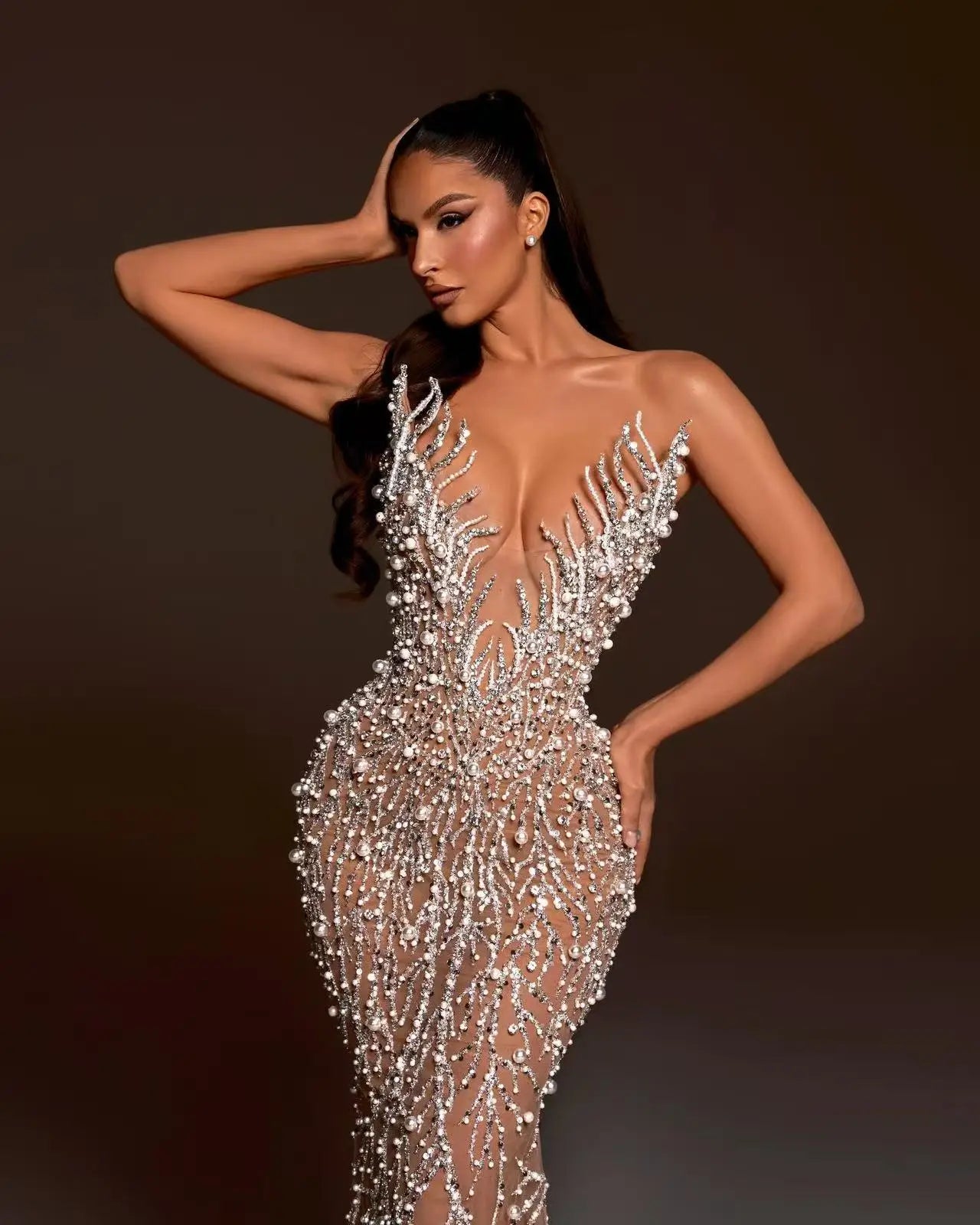 Haute couture Wedding Party dress Sequin embroidery Pearl Beading Sexy V－Neck Strapless Dress Celebrity Birthday Party Outfit