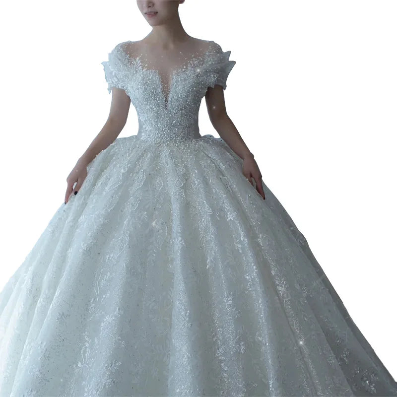 D120 Prinzessin Sexy Luxus Kristall Perlen Hochzeitskleid Puff Tüll weiße Hochzeitskleid Einfache Braut Kleid Frauen