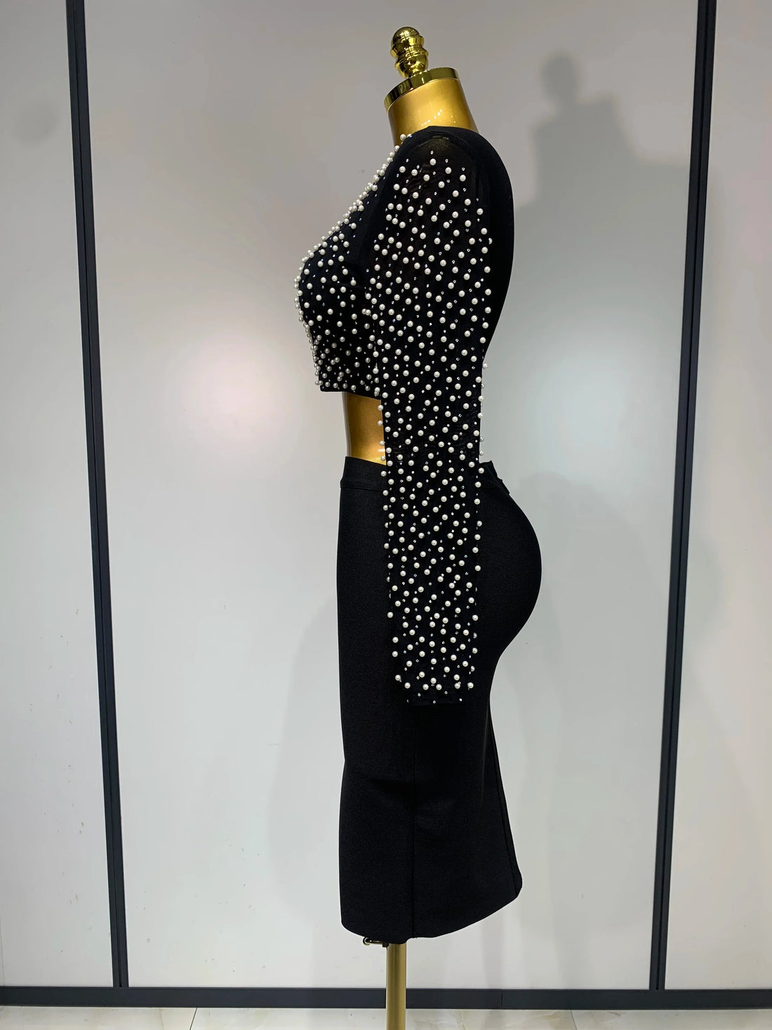 Women Sexy Long Sleeve Mesh Pearl Black Top Celebrity Midi Women Bandage Set Designer Evening Party Birthday Two Piece Set black