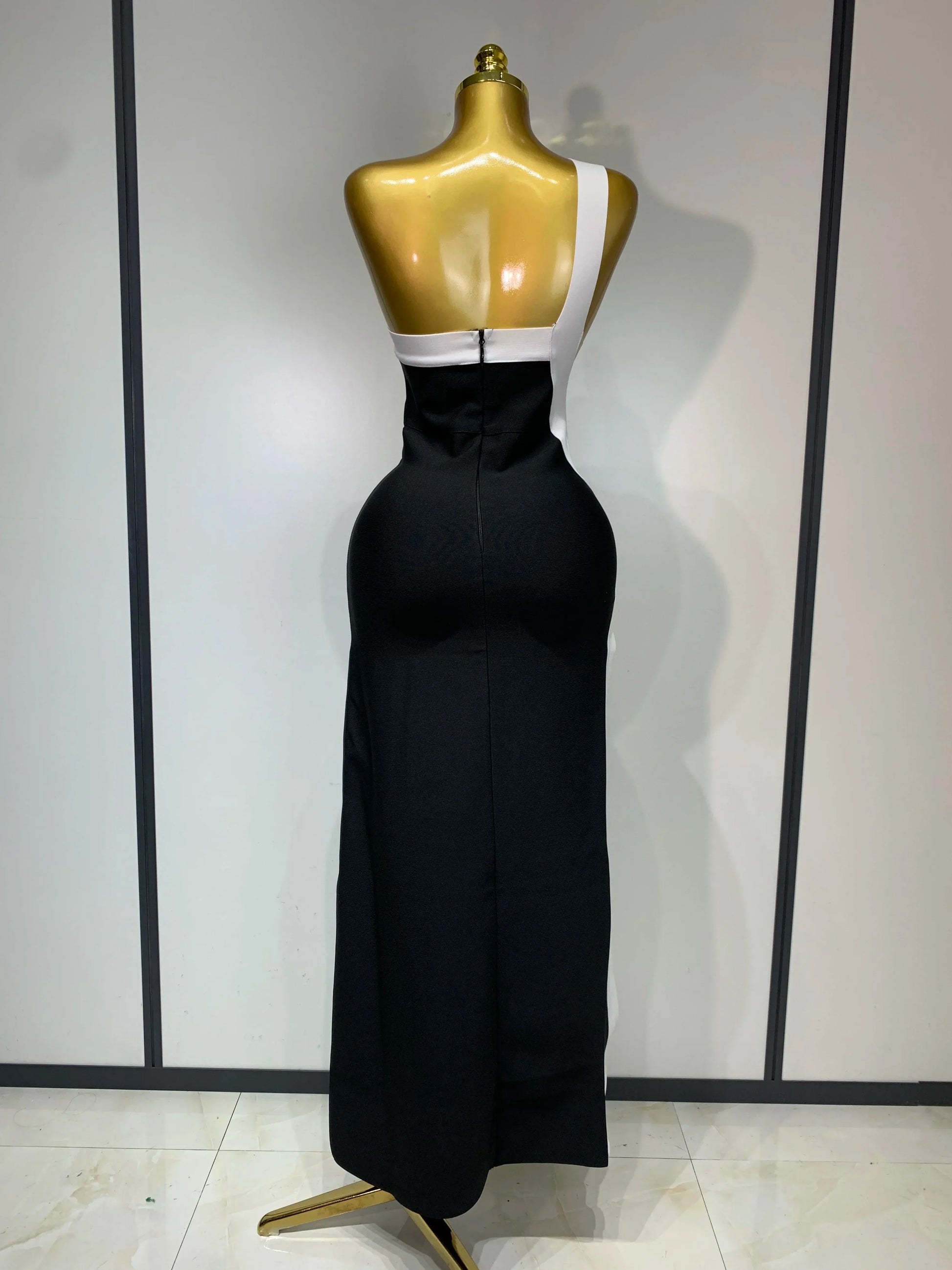 Women Sexy One Shoulder Split Black White Patchwork Bandage Bodycon Dress Celebrity Elegant Evening Party Birthday Outfit