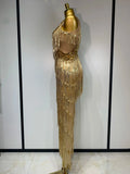 Women Sparkly Glod Rhinestones Sequined Fringe jumpsuit Sexy Nightclub Party Birthday Outfit Show Singer Stage Perform Costume