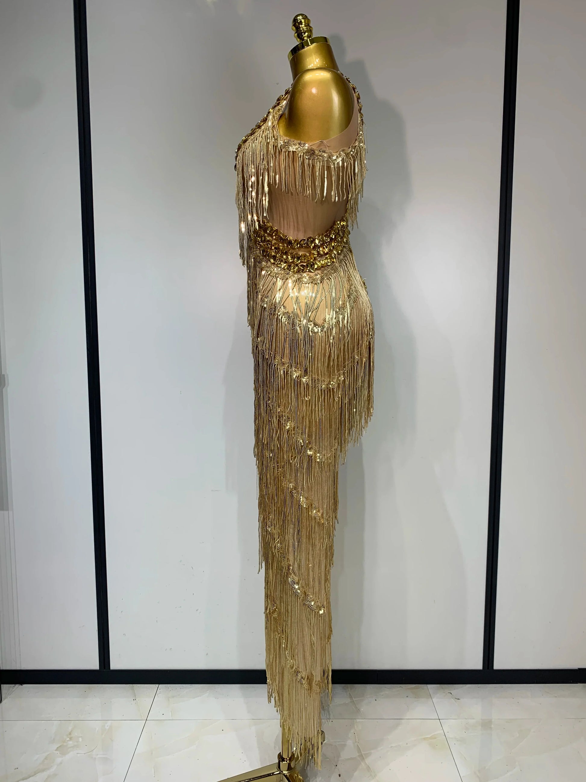 Women Sparkly Glod Rhinestones Sequined Fringe jumpsuit Sexy Nightclub Party Birthday Outfit Show Singer Stage Perform Costume