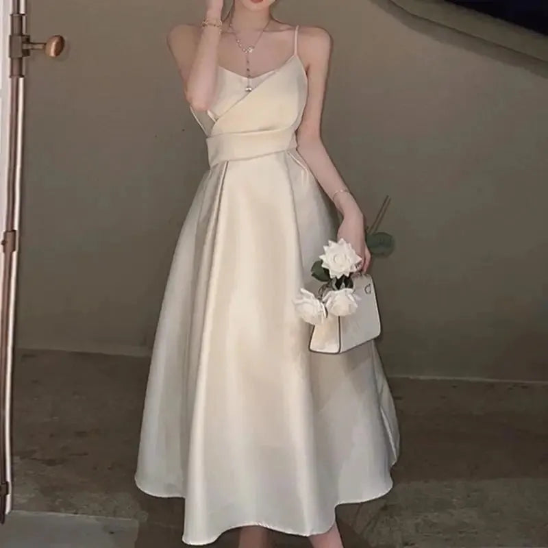 French Luxury White Satin Midi Length Evening Dress for Bride Elegant Sexy Slim Strap Prom Party Dress For Women Vestidos White Floor length | cn