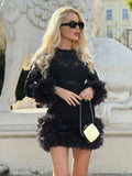 Sexy Women's Black Lace Mini Dresses O-neck Long Sleeve Bodycon Stacked Mesh Design Dress Cocktail Evening Party Vestidos