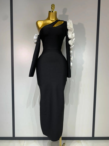Women Sexy One Shoulder Cut Out Flower Maxi Long Bodycon Bandage Dress Celebrity Elegant Evening Club Birthday Party Dresses black