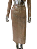 Sparkling square Diamonds Sexy Mesh See Through Top And Skirt Woman Fashion Set High Street Wear Evening Party Outfit khaki Skirt
