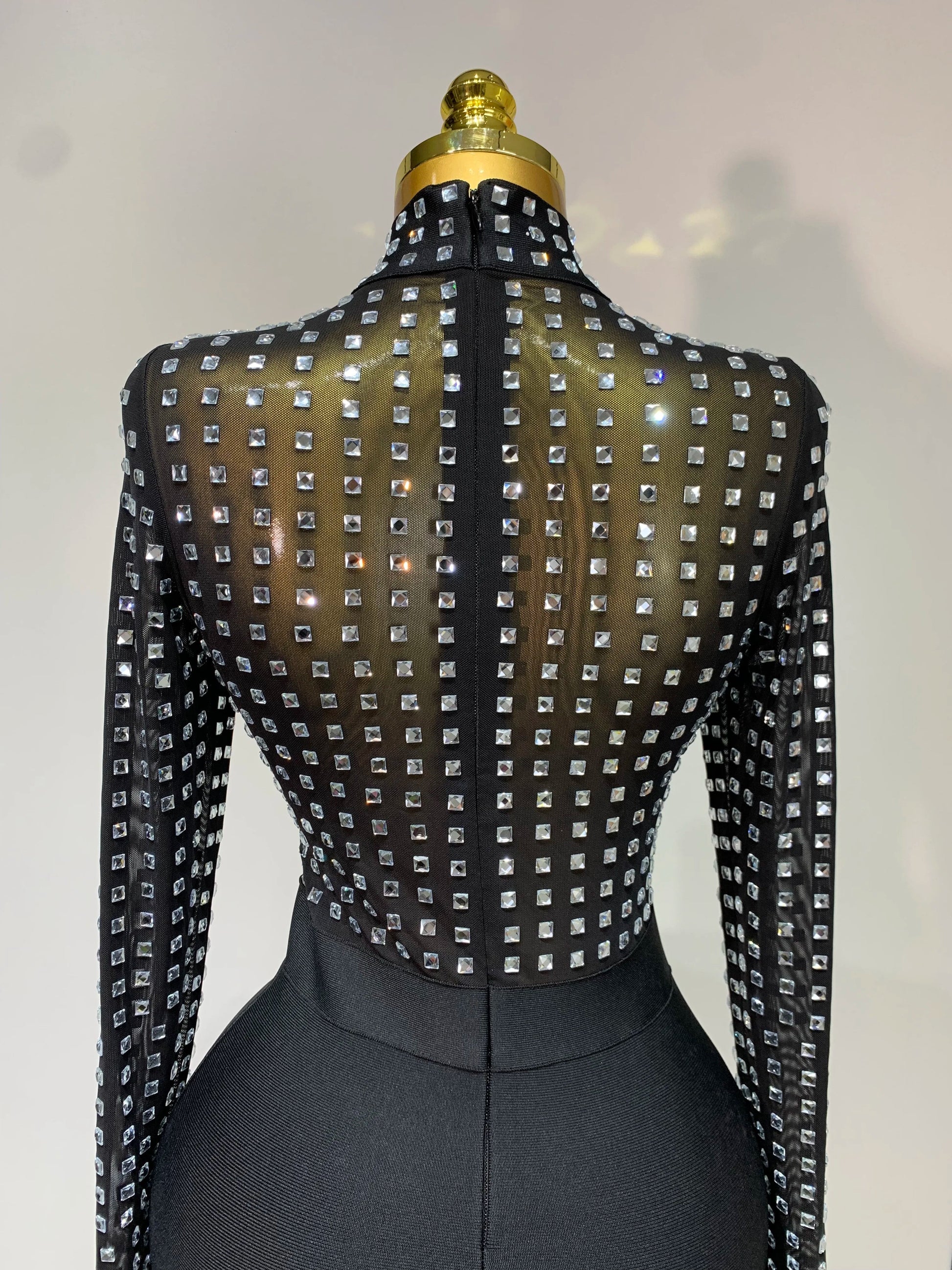 Celebrity Sexy Turtleneck Rhinestones Black Mesh Bodycon Bandage Dress Women Elegant Evening Club Luxury Birthday Dress