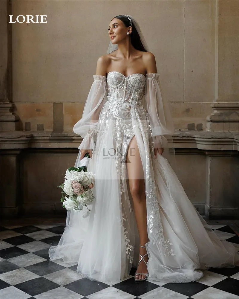 Sayang payet renda gaun pengantin puff lengan panjang line side split bride gaun gaun pengantin menyesuaikan