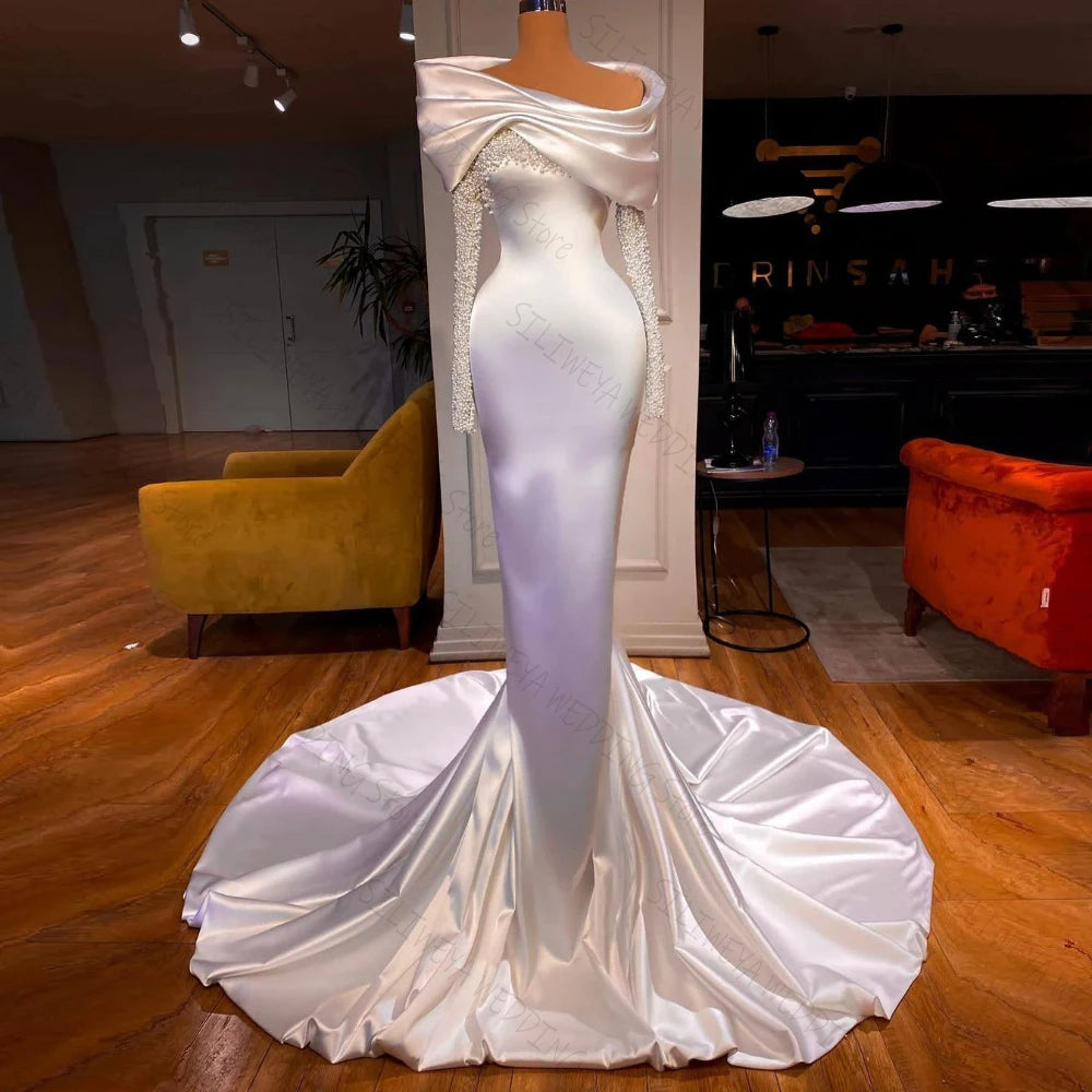White Elegant Mermaid Evening Dresses Long Sleeve Beading Off The Shoulder Women Formal Prom Wedding Gowns as pictrure
