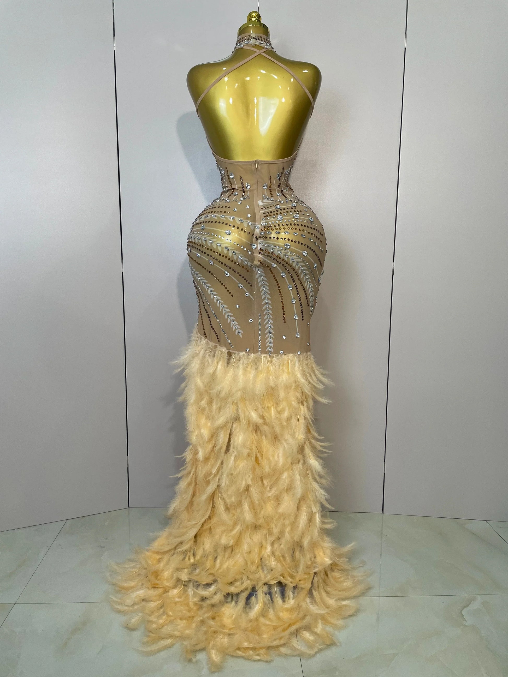 Sparkly Sexy Crystal Floor-Length Feathers Maxi Dress Elegant Evening Party Birthday Performance Prom Dance Stage Costume