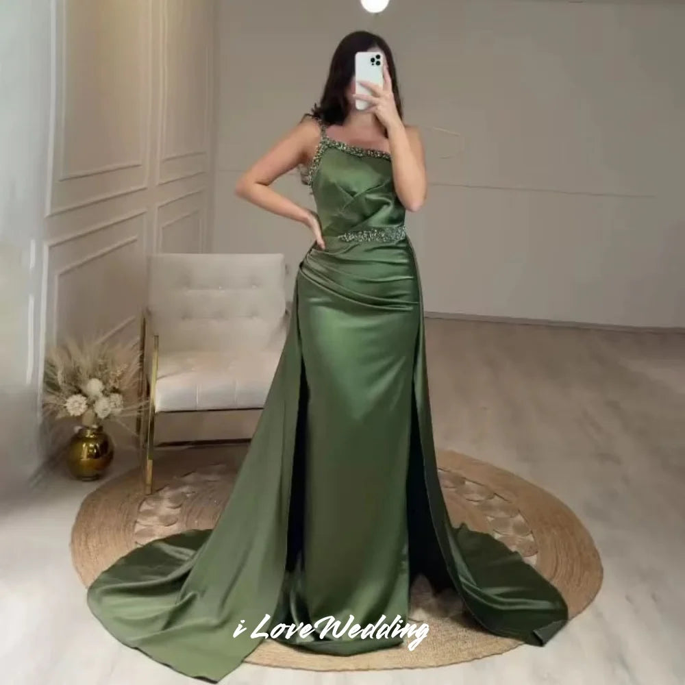 Army Green One Shoulder Bridesmaid Dresses Satin Spaghetti-Strap Beaded Mermaid Sweep Train Wedding Party Dress Customized 75