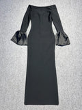Sexy Women's Bandage Long Dress with One Collar Shoulder and Horn Sleeve Bodycon Dress Cocktail Evening Party Vestidos black