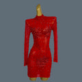 Women Sexy White Crystals Mini Dress Luxury Birthday Celebrate Evening Party Rhinestones Gown Singer Stretch Costume Guibin Red