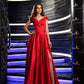 Red Long Evening Dresses Satin Floor Length Off Shoulder V Neck Front Slit A Line Formal Formal Prom Gowns Elegant Party Dresses