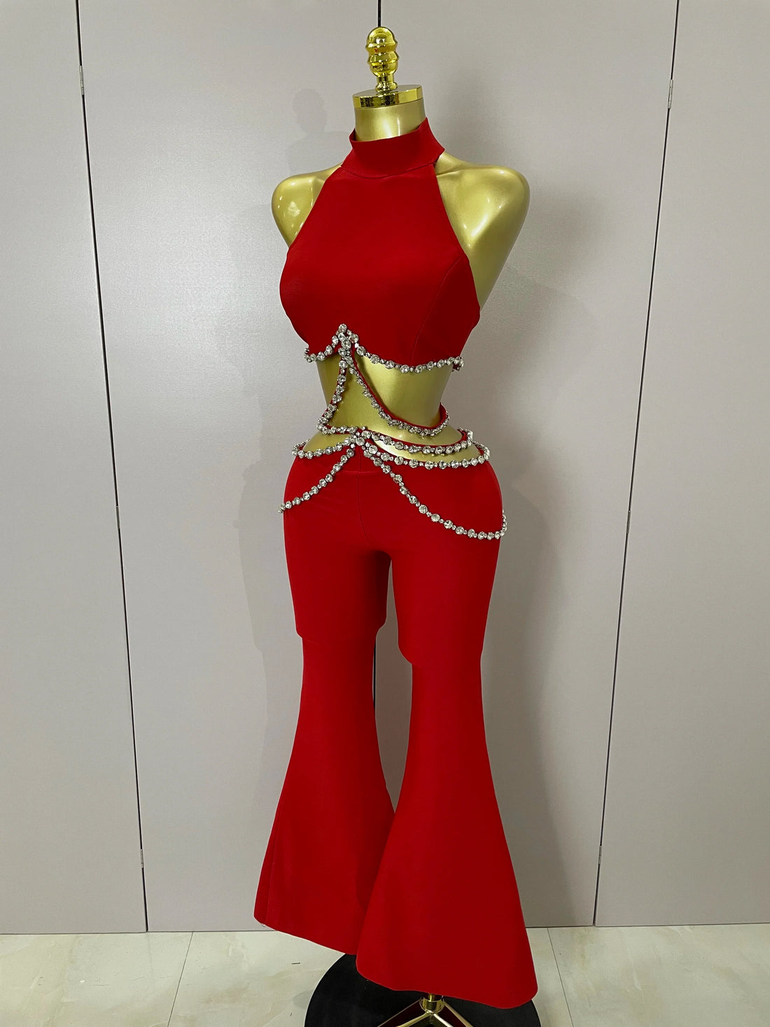 Luxury Rhinestone Red Sexy Cut Out Two Piece Pants Bandage Set Women Celebrity Designer Fashion Women's Set Stage Outfit Red