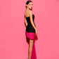 Chic Design Mixed Colors Mini Length Evening Dresses Black and Fuchsia Sheath Short Cocktail Dress Bow Pleated Satin Prom Gowns
