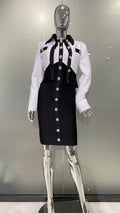 s Fashionable Women's Bandage Set Golden Buttons White Patchwork Black Coat And Sleeveless Bodycon MIini Dress