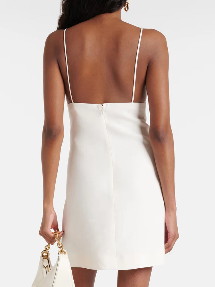 Solid Patchwork Appliques Camisole Dresses For Women Square Collar Sleeveless Backless High Waist Mini Dress