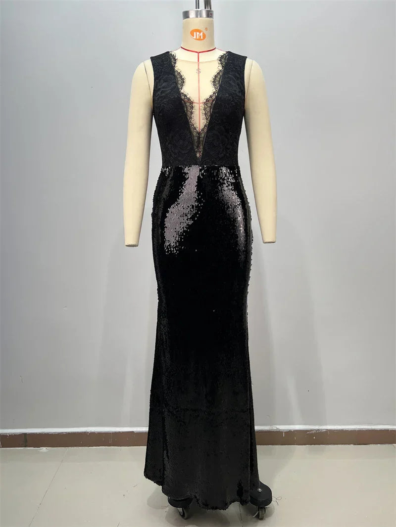Black Lace Patchwork Sequins Sexy V-Neck Mermaid Floor Length Dress Fashion Woman Party Dress Celebrity banquet Outfit