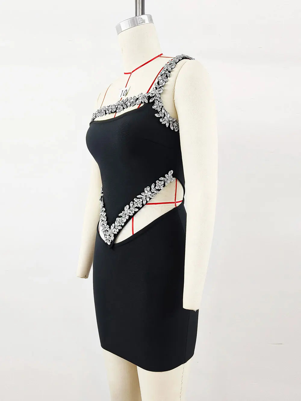Sexy Women'S Heavy-Duty Nail Bead Rhinestone Bandage Dress, One Shoulder Sleeveless Bodycon Hollow Out Backless Mini Dress