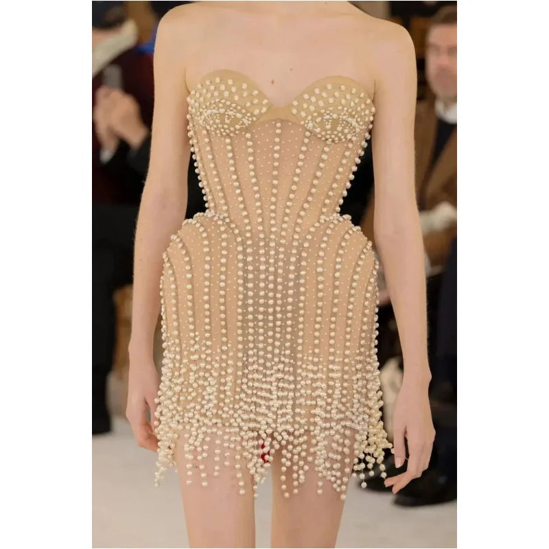 Exquisite Pearl Beading Strapless Khaki Color Bandage Mini Dress Fashion Woman Birthday Party Vestido Evening Party Outfit