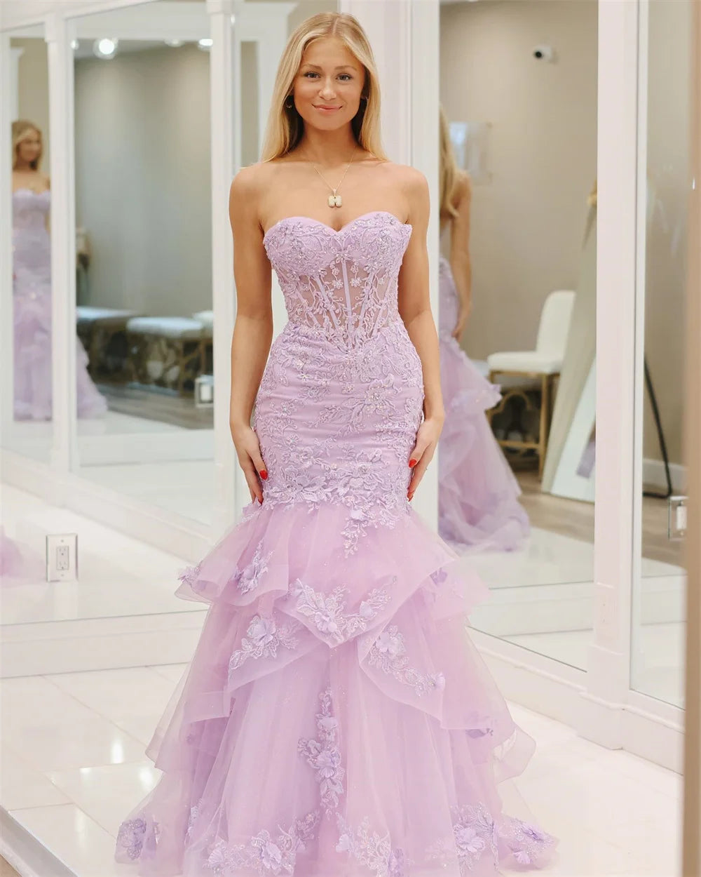 Lavender Lace Embroidery Tulle Mermaid Prom Dress Backless Curve Train Vestidos De Fiesta Heart Shape Neck Graduation Ball
