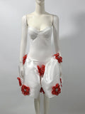 Sexy Women's 3D Flower Decorative Puff Dress Strapless Sleeveless Backless A-line Mini Dress Cocktail Evening Party Vestido WHITE