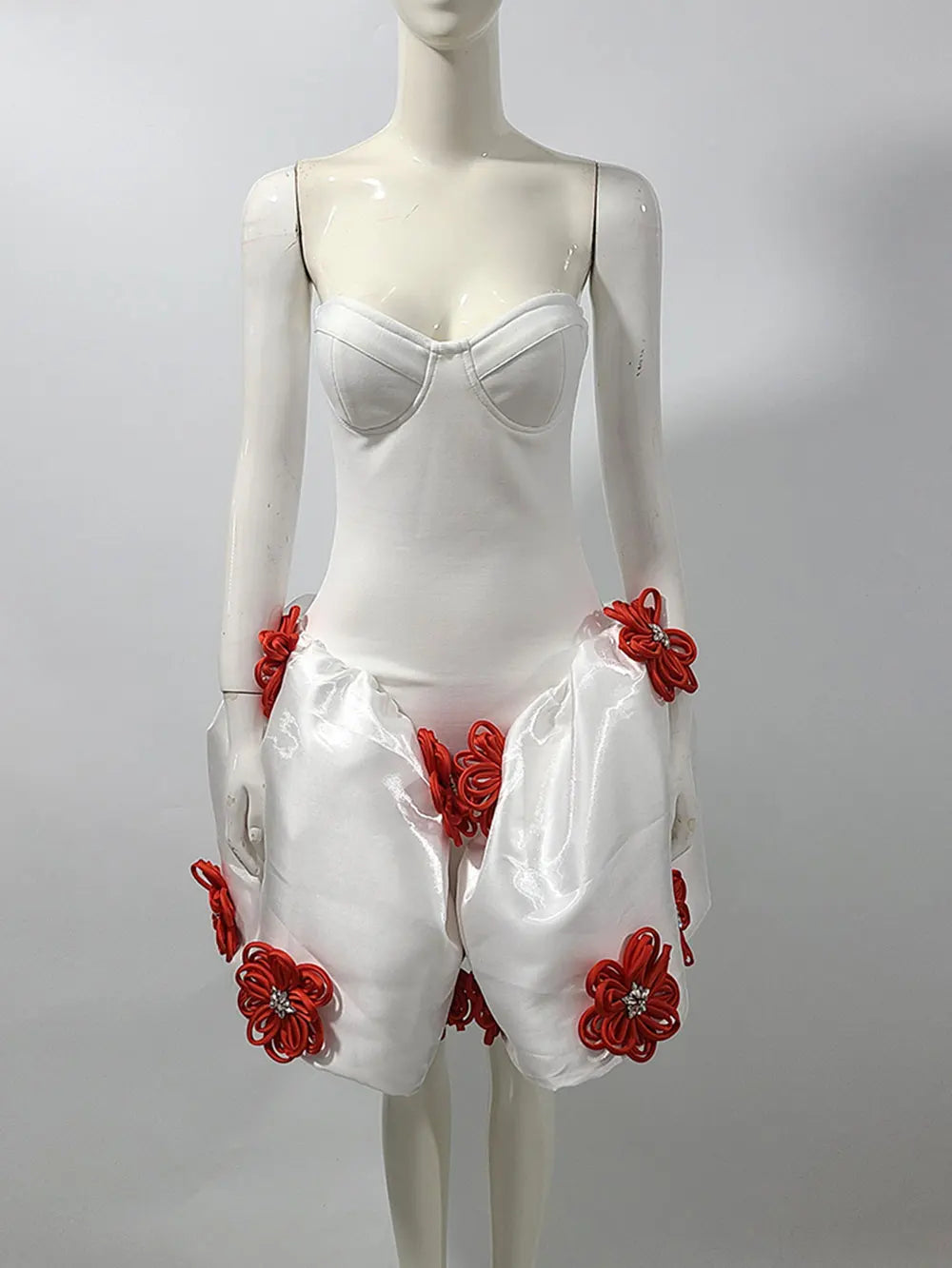 Sexy Women's 3D Flower Decorative Puff Dress Strapless Sleeveless Backless A-line Mini Dress Cocktail Evening Party Vestido WHITE