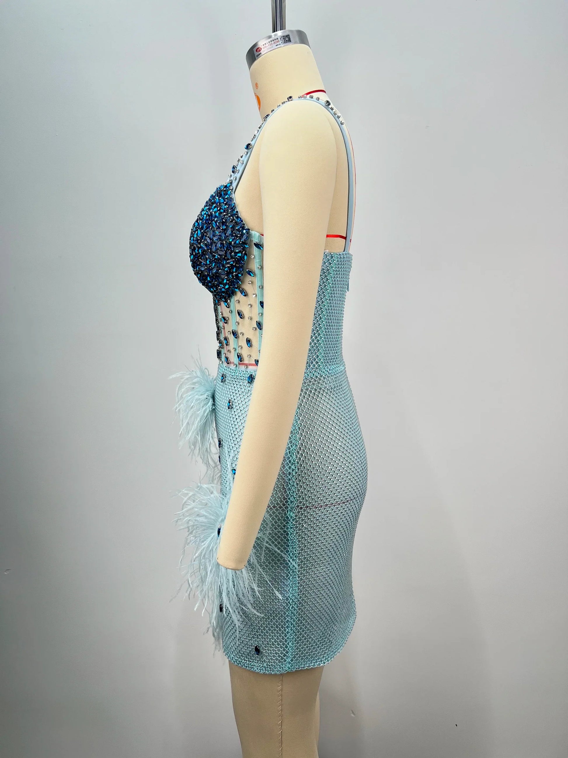 Luxury Feather Dazzling Diamonds Sexy Mesh See Through Light Blue Mini Dress Celebrity Birthday Party Dress Performance Costume