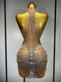 Luxury Rhinestones Mesh Transparent Prom Mini Dress Shinny Women Birthday Celebrate Party Prom Nightclub Outfit Stage Costume