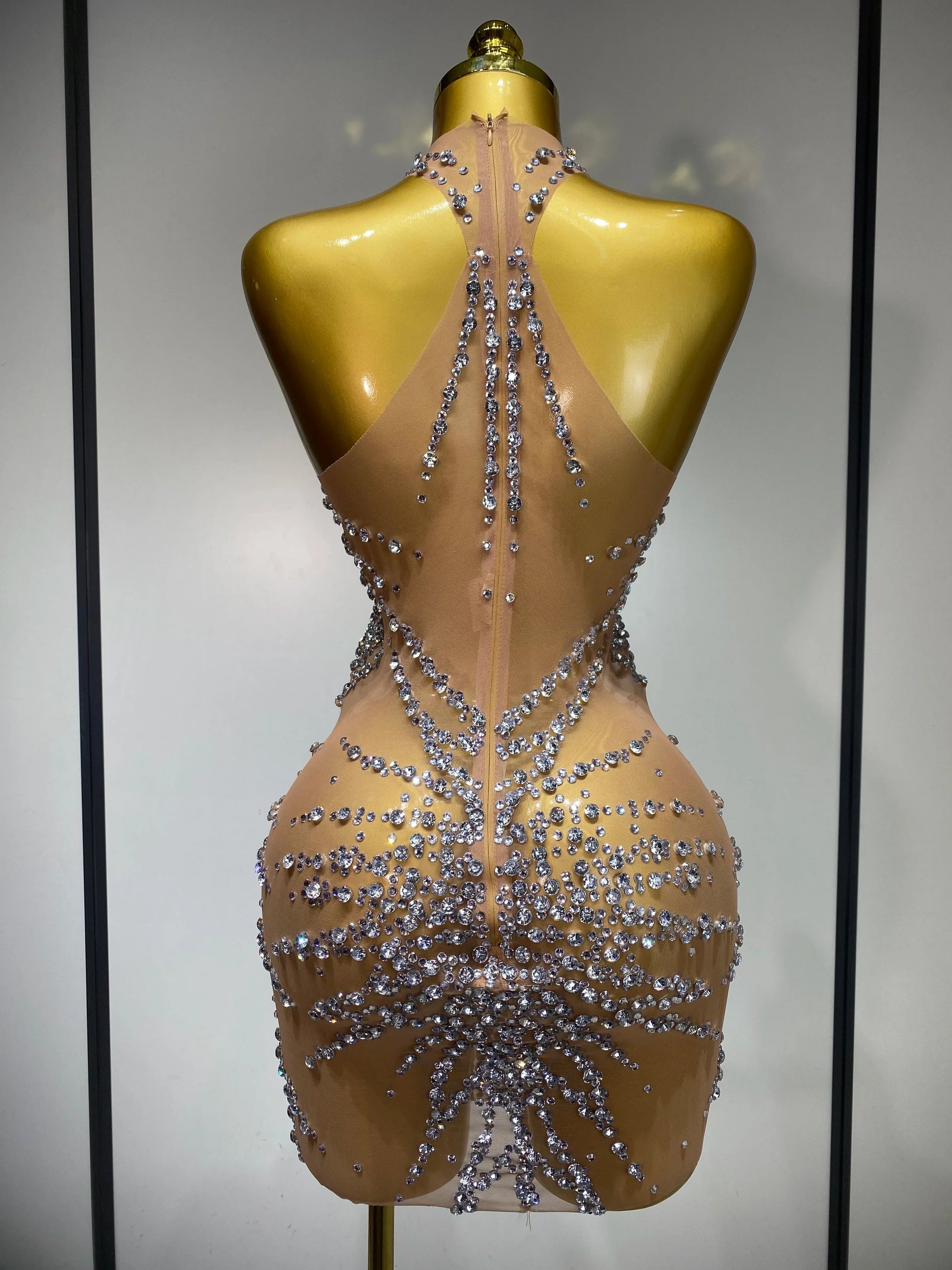 Luxury Rhinestones Mesh Transparent Prom Mini Dress Shinny Women Birthday Celebrate Party Prom Nightclub Outfit Stage Costume