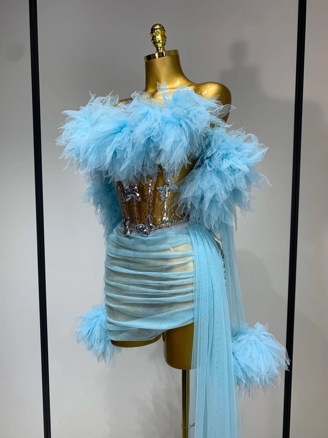 Women Sexy Backless Mesh Transparent Three Pieces Set Performance Dance Costume Nightclub Birthday Photo Shoot Stage Outfit SKY BLUE