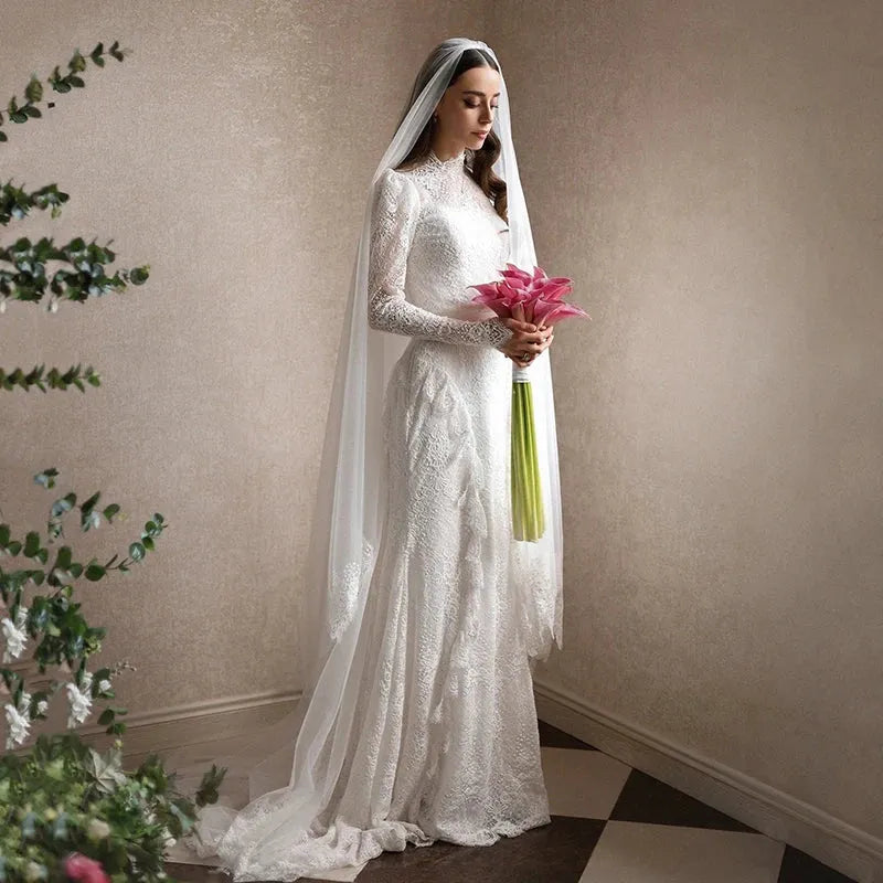 Vestidos de novia blancos de corte A, manga larga, cuello alto