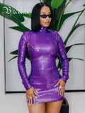 Backless Sexy Dress For Women Evening Party Gown Purple Sequins Sparkle Long Sleeves Slim Mini Dress