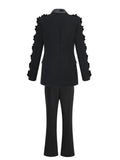 Women Suit Pants Set with Collar, Long Sleeve, Three Dimensional Flower Decoration, Slim Fit Suit Coat+Two Piece Pants Set