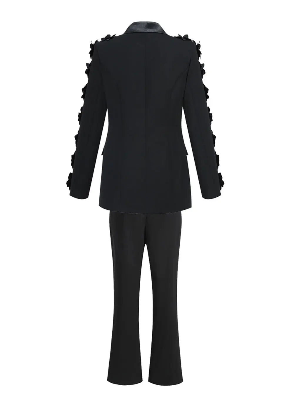 Women Suit Pants Set with Collar, Long Sleeve, Three Dimensional Flower Decoration, Slim Fit Suit Coat+Two Piece Pants Set