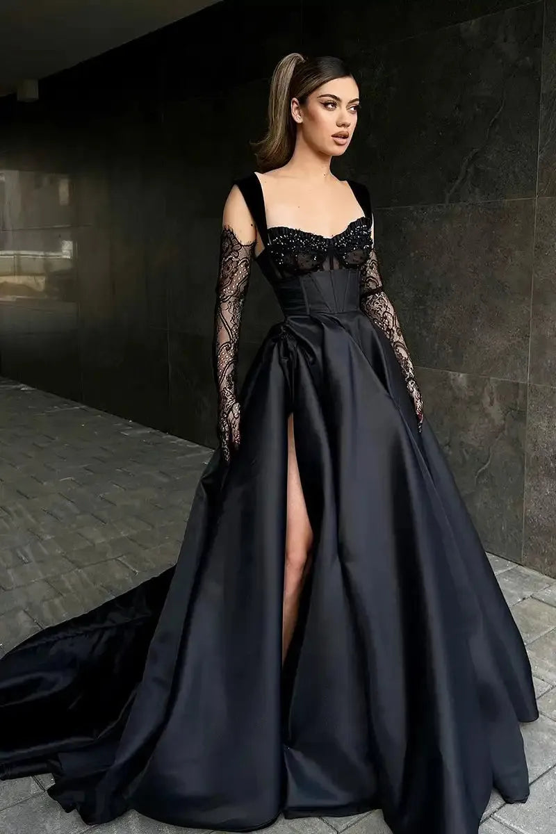 Satin Evening Dresses Black Beaded V Neckline Spaghetti Strap Front Slit A Line Formal Party Prom Gowns Women Custom made