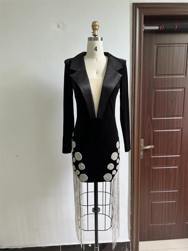 Luxury Diamonds Tassel Sexy Deep V Notched Black Velvet Dress Woman Evening Party Vestido Celebrate Club Party Outfit