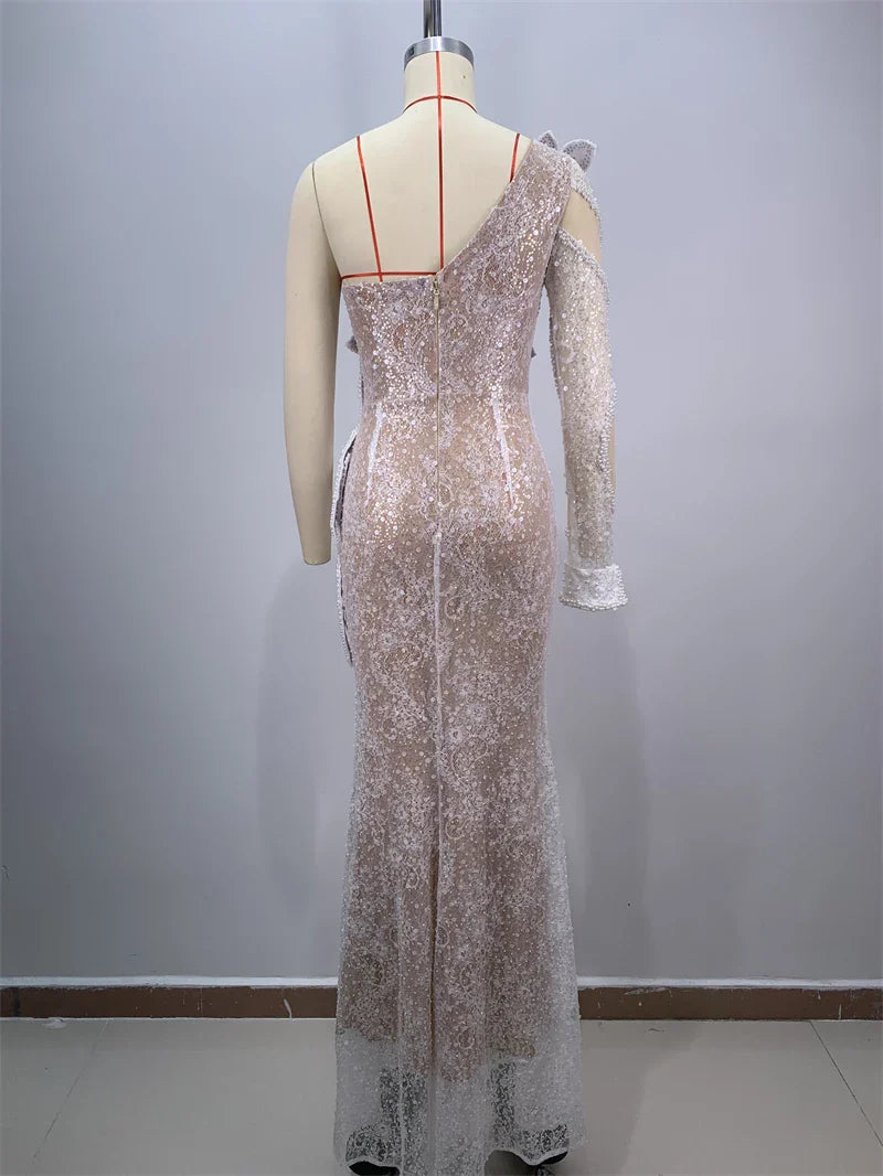 White Sequins Beading One Shoulder White Lace Long Dress Graceful Woman Wedding Party Dress Singer Performance costume