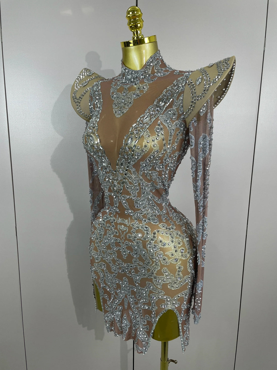 Sexy Singer Stage Drag Queen Costume Women Shiny Rhinestones Transparent Short Dress Birthday Celebrate Photoshoot Dress Dark Brown